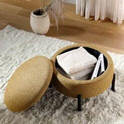 Amboise Marigold Yellow Textured Bouclé Round Storage Pouffe – Minimalist Black Metal Leg Footrest -Daals Store XRSF 2183 YELLOW BOU STOOL scene2