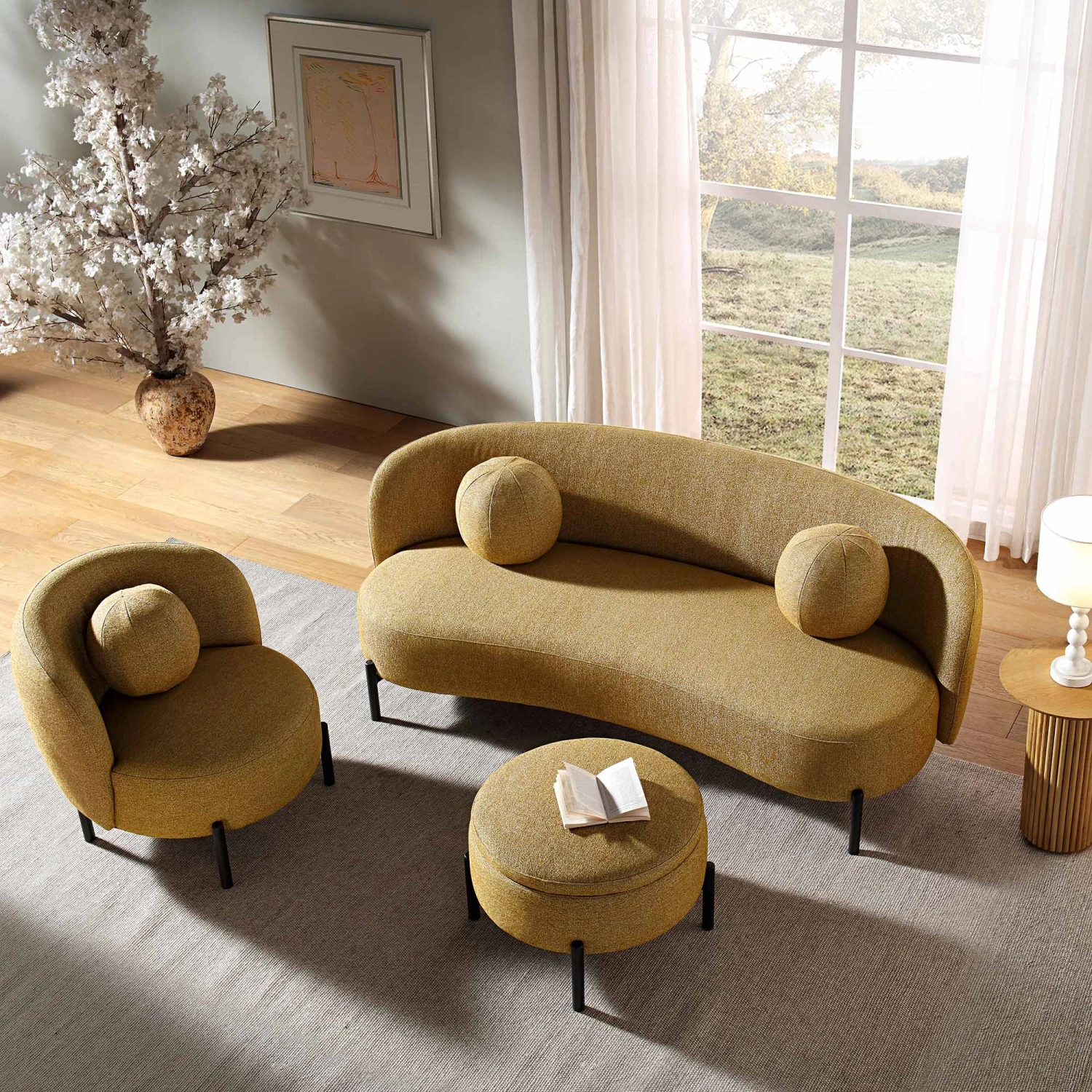 Amboise 3-Seater Curved Sofa With Ball Cushions, Marigold Textured Fabric 4 Amboise 3-Seater Curved Sofa With Ball Cushions, Marigold Textured Fabric - Image 4