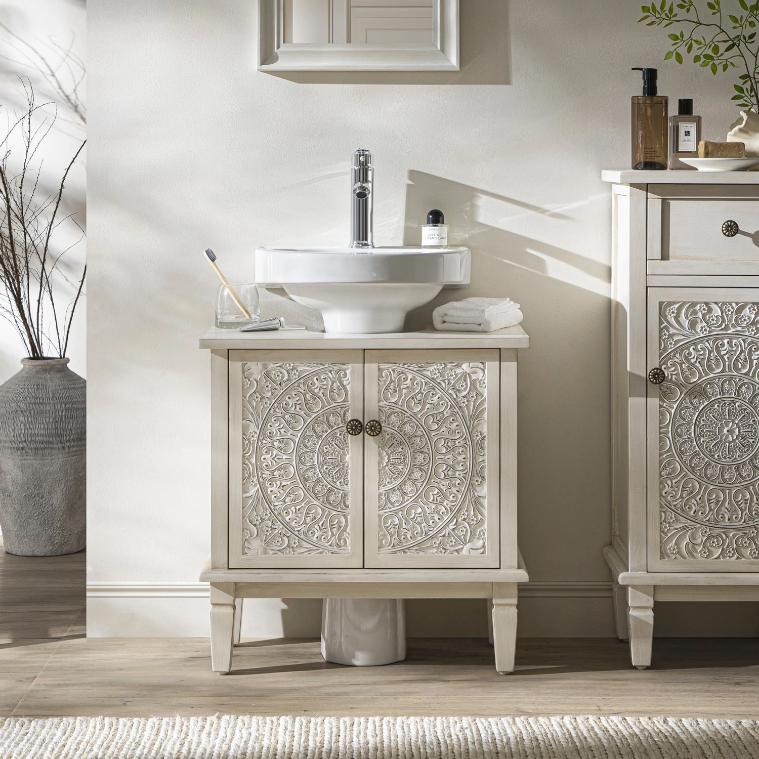 Chantilly Whitewashed Carved Bathroom Undersink Unit 1 Chantilly Whitewashed Carved Bathroom Undersink Unit