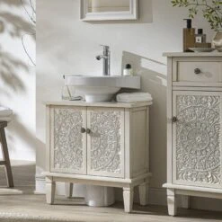 Chantilly Whitewashed Carved Bathroom Undersink Unit 14 Chantilly Whitewashed Carved Bathroom Undersink Unit -Daals Store XXBAC 057 WHITEWASH scene1