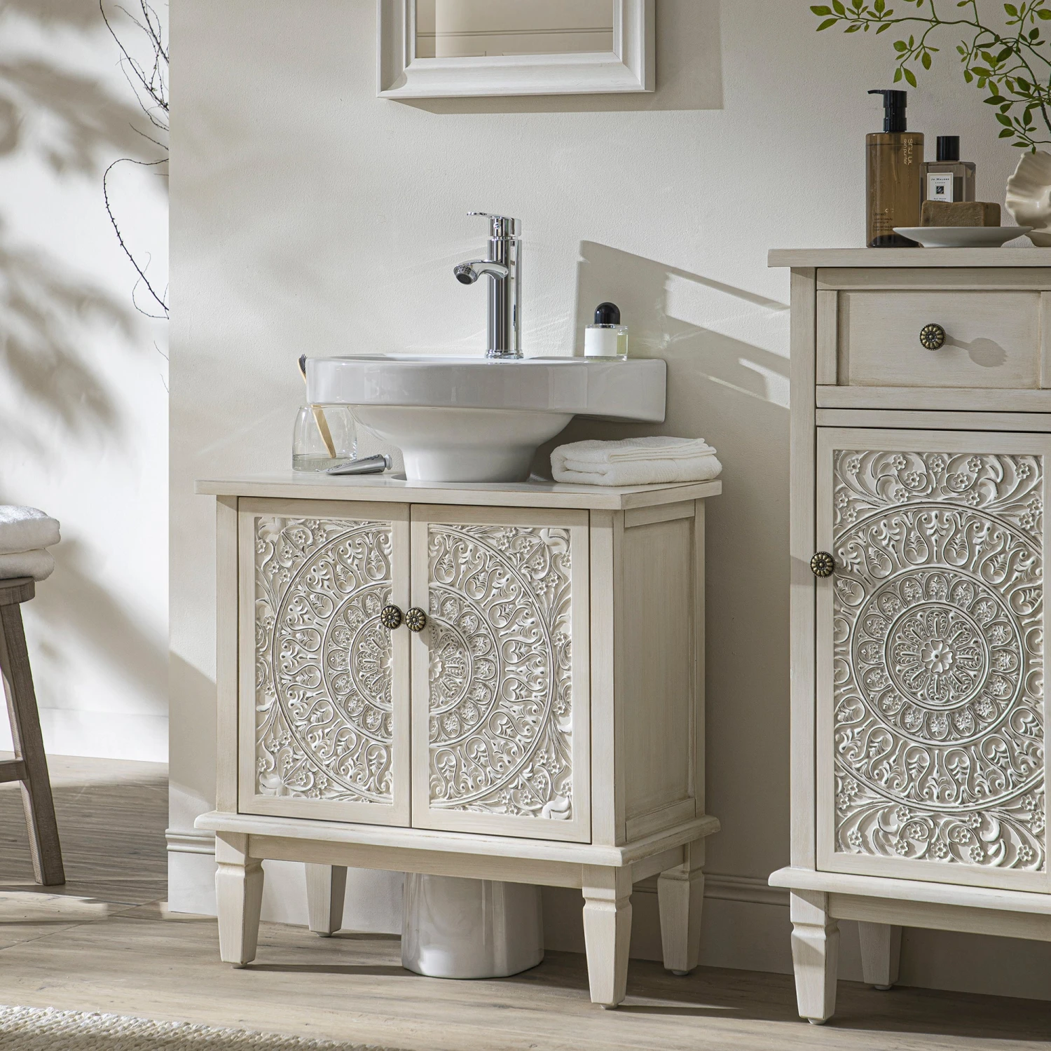 Chantilly Whitewashed Carved Bathroom Undersink Unit 2 Chantilly Whitewashed Carved Bathroom Undersink Unit - Image 2