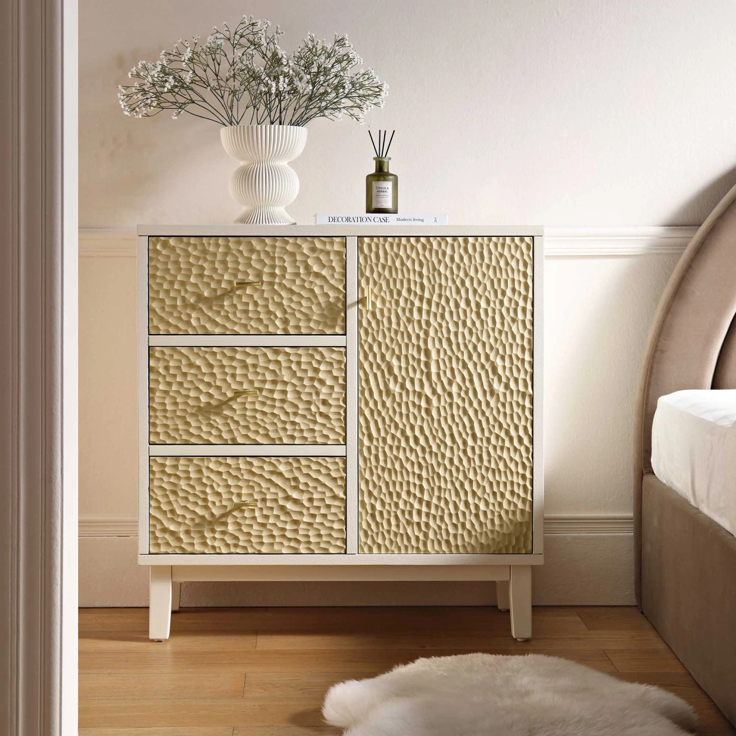 Bianca Chip Carved 1 Door 3 Drawer Small Sideboard, Sand Beige & Ivory 1 Bianca Chip Carved 1 Door 3 Drawer Small Sideboard, Sand Beige & Ivory