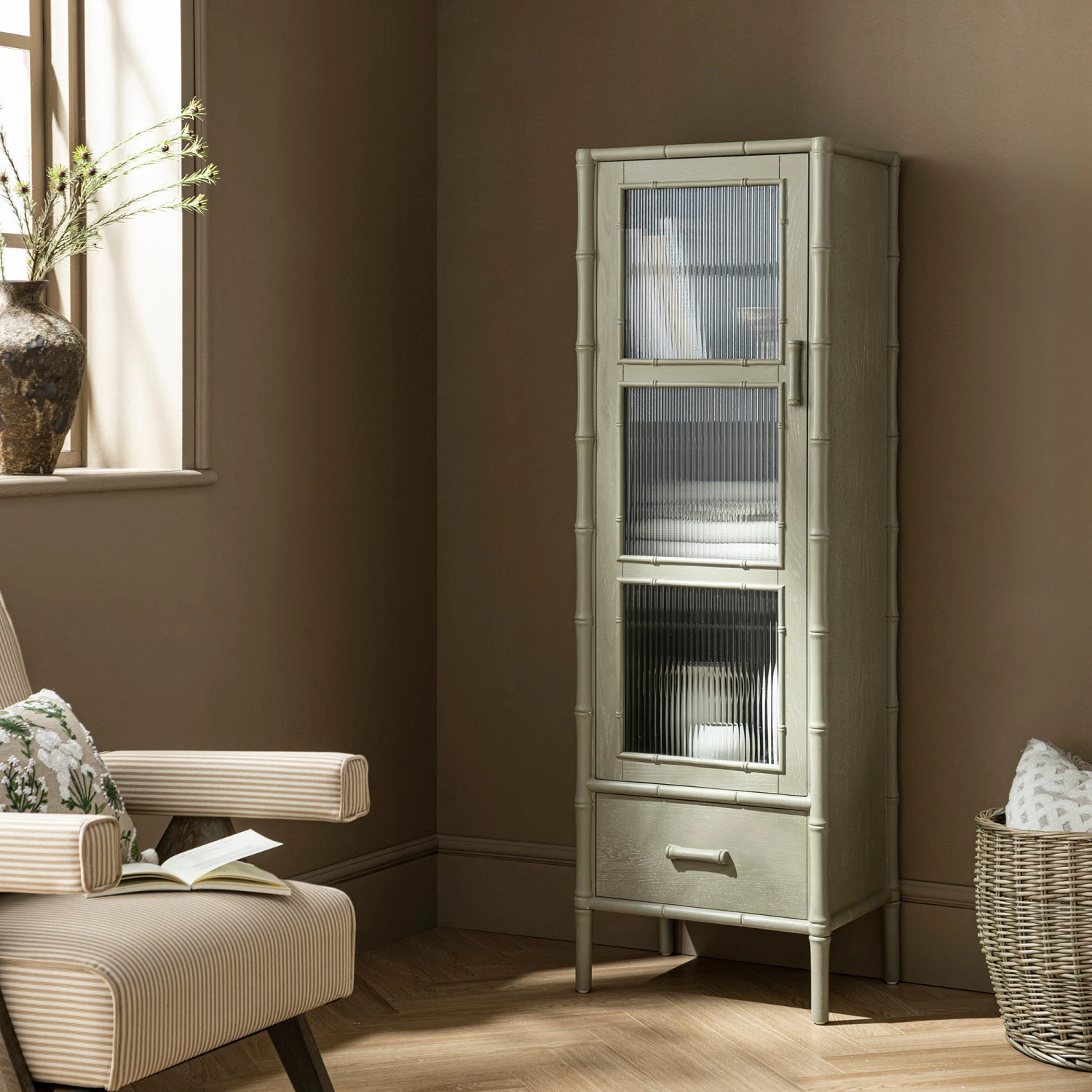 Elstowe Faux Bamboo And Fluted Glass 1-Door Cabinet, Sage Green 1 Elstowe Faux Bamboo And Fluted Glass 1-Door Cabinet, Sage Green