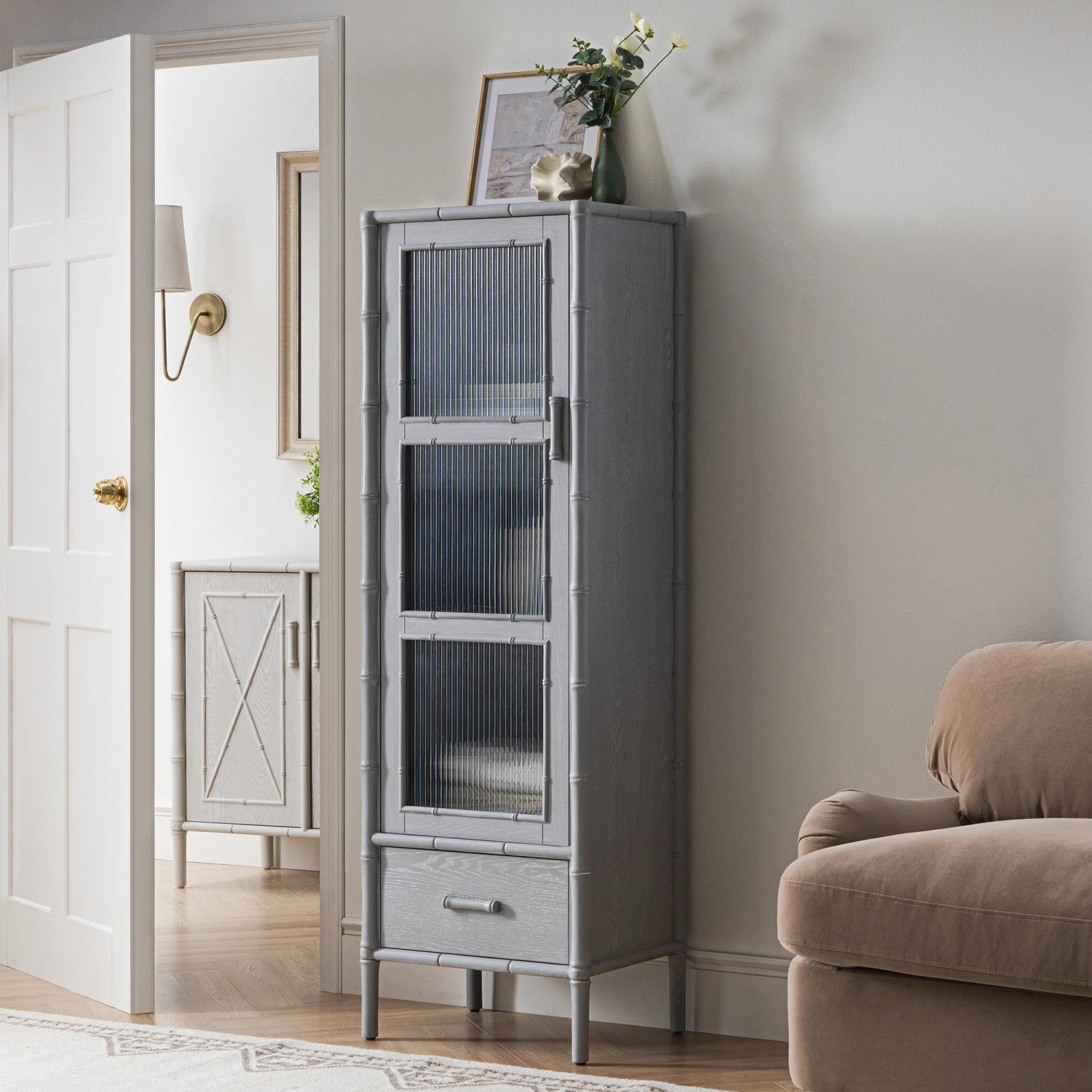 Elstowe Faux Bamboo And Fluted Glass 1-Door Cabinet, Warm Grey 2 Elstowe Faux Bamboo And Fluted Glass 1-Door Cabinet, Warm Grey - Image 2