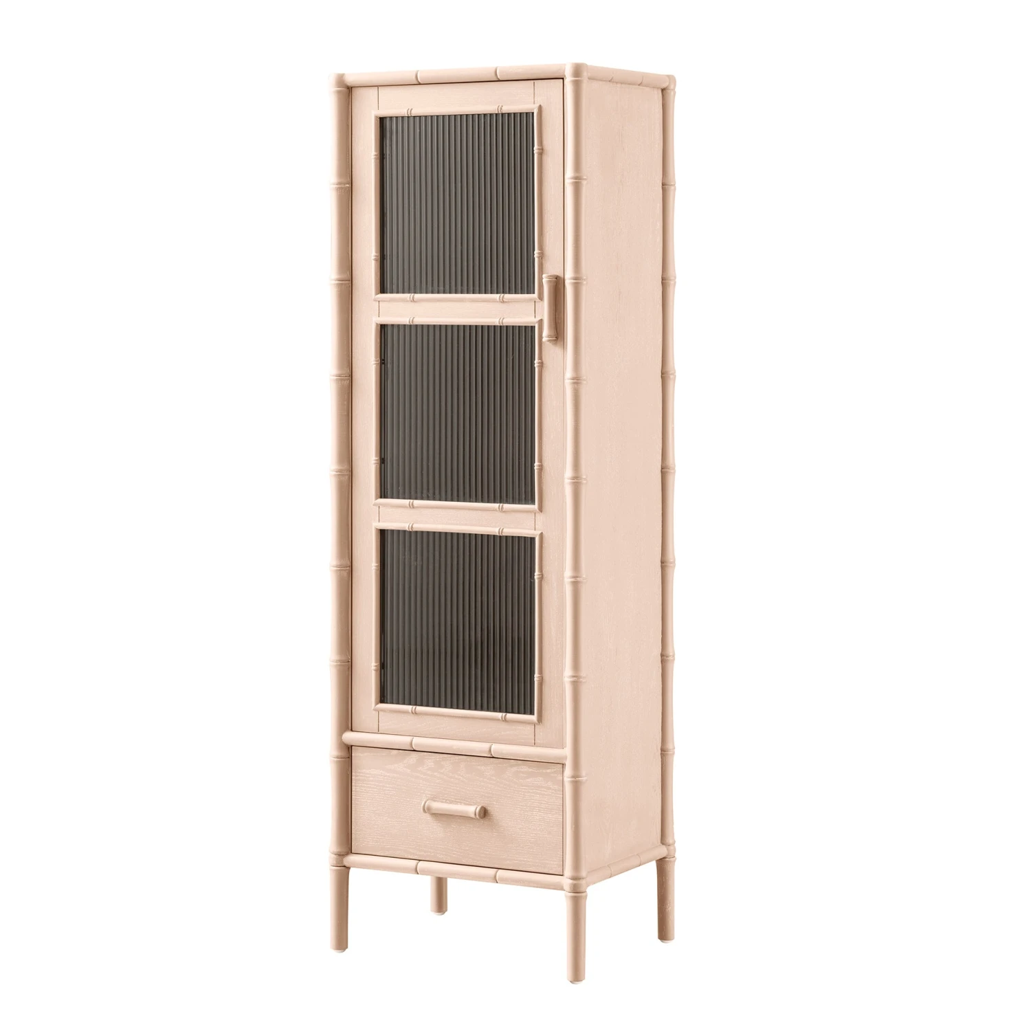 Elstowe Faux Bamboo And Fluted Glass 1-Door Cabinet, Nude Pink 2 Elstowe Faux Bamboo And Fluted Glass 1-Door Cabinet, Nude Pink - Image 2