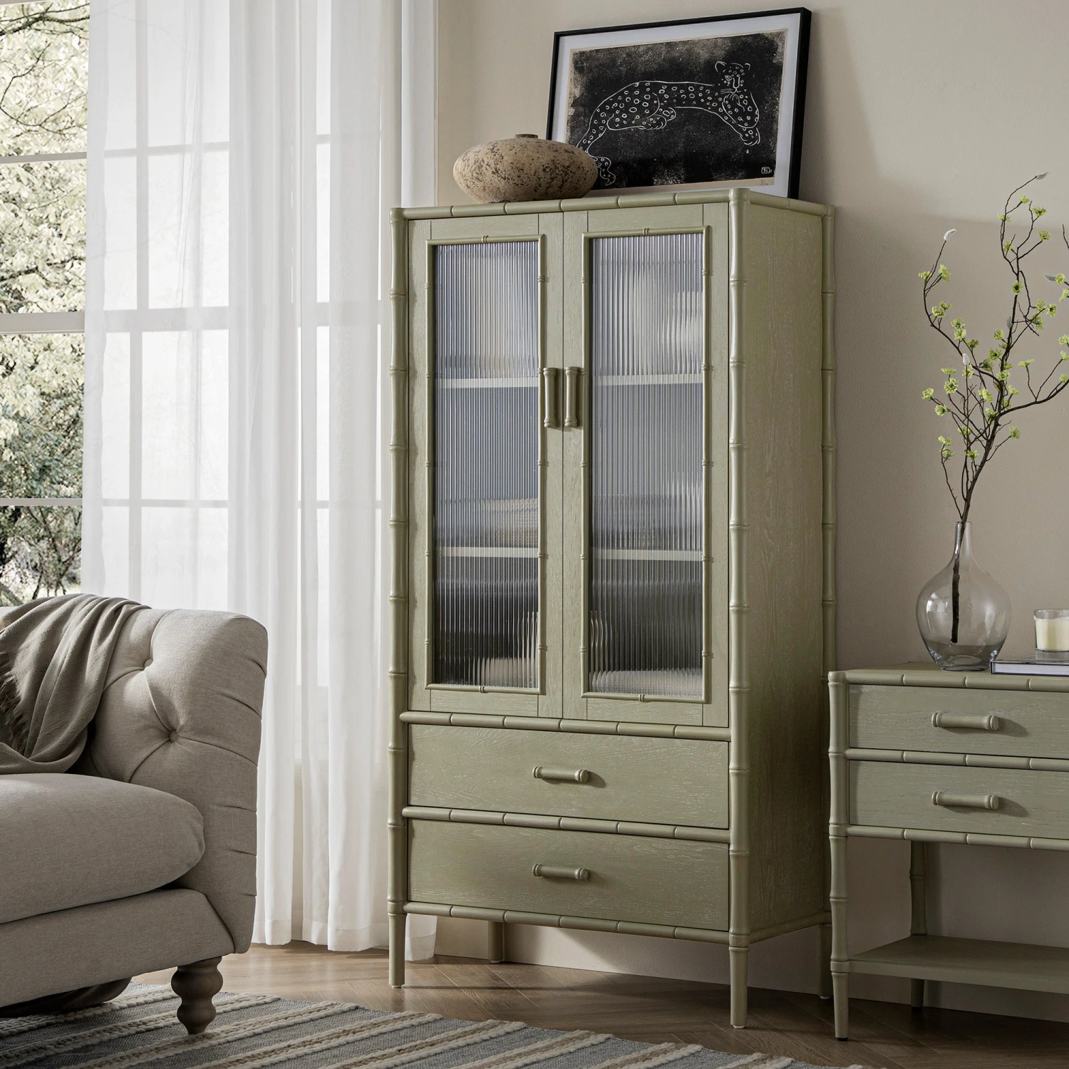 Elstowe Faux Bamboo And Fluted Glass 2-Door Cabinet, Sage Green 1 Elstowe Faux Bamboo And Fluted Glass 2-Door Cabinet, Sage Green
