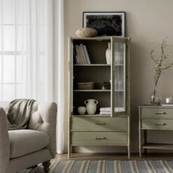 Elstowe Faux Bamboo And Fluted Glass 2-Door Cabinet, Sage Green 19 Elstowe Faux Bamboo And Fluted Glass 2-Door Cabinet, Sage Green -Daals Store XXCAB 069 GREEN scene2