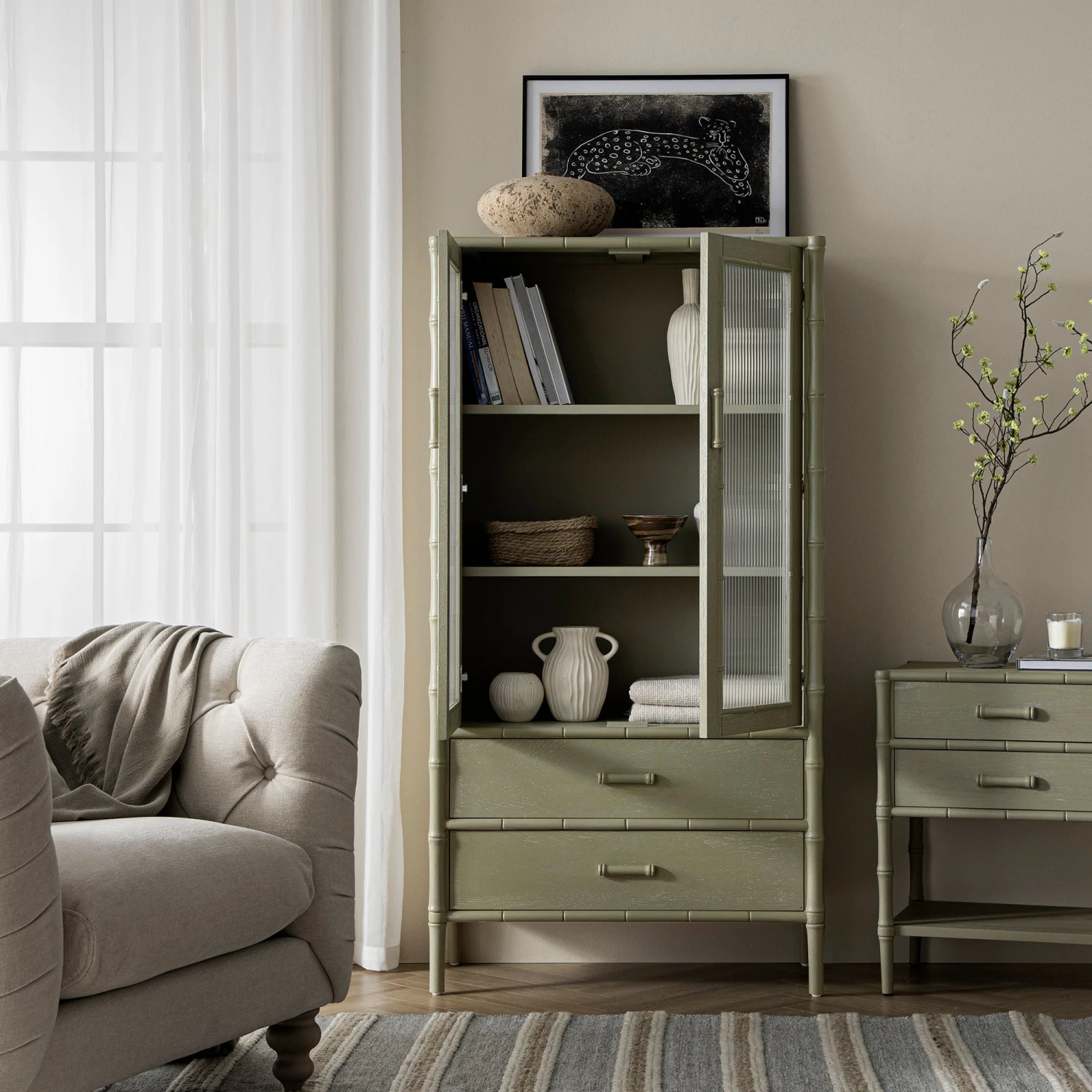 Elstowe Faux Bamboo And Fluted Glass 2-Door Cabinet, Sage Green 3 Elstowe Faux Bamboo And Fluted Glass 2-Door Cabinet, Sage Green - Image 3