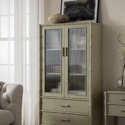 Elstowe Faux Bamboo And Fluted Glass 2-Door Cabinet, Sage Green 20 Elstowe Faux Bamboo And Fluted Glass 2-Door Cabinet, Sage Green -Daals Store XXCAB 069 GREEN scene3