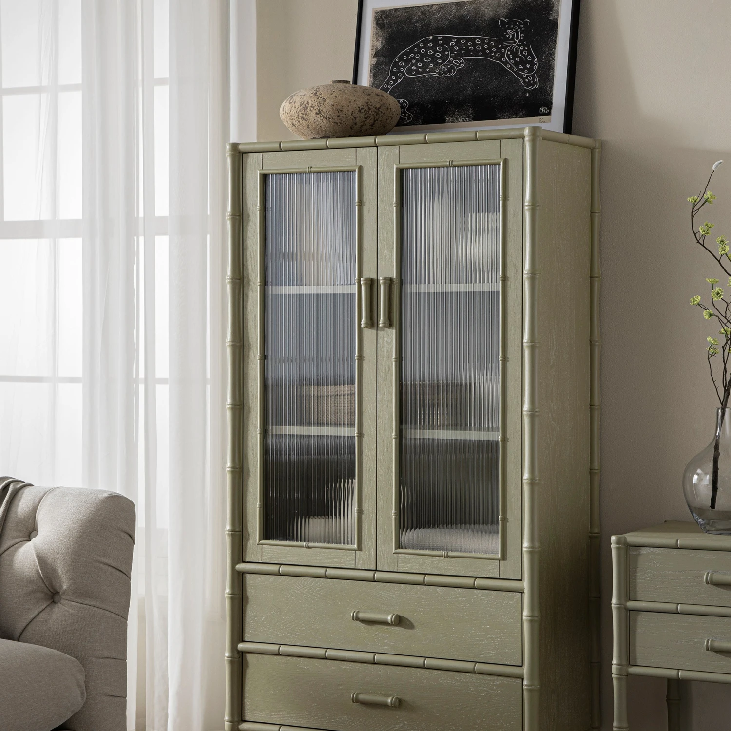 Elstowe Faux Bamboo And Fluted Glass 2-Door Cabinet, Sage Green 4 Elstowe Faux Bamboo And Fluted Glass 2-Door Cabinet, Sage Green - Image 4