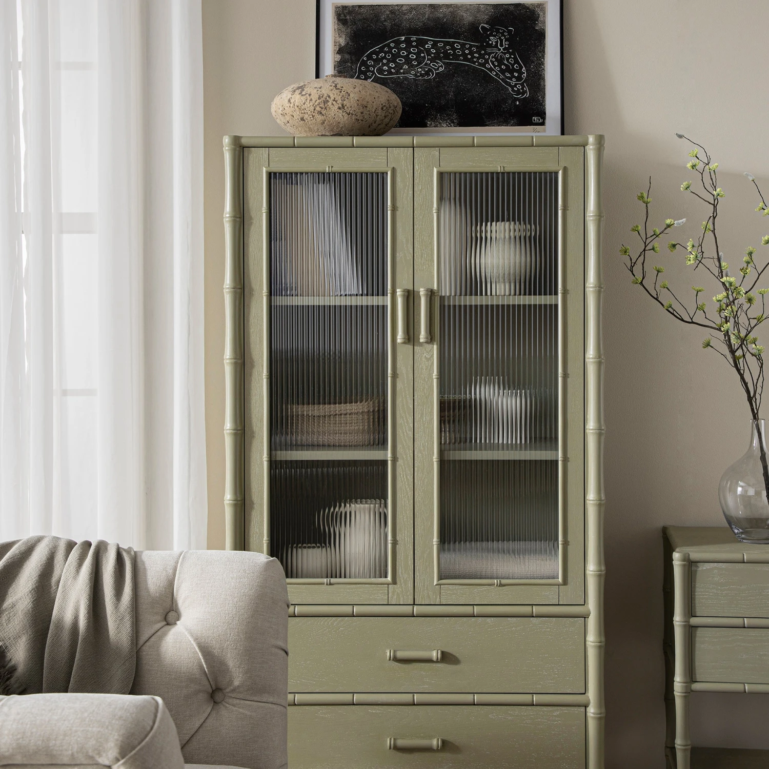 Elstowe Faux Bamboo And Fluted Glass 2-Door Cabinet, Sage Green 5 Elstowe Faux Bamboo And Fluted Glass 2-Door Cabinet, Sage Green - Image 5