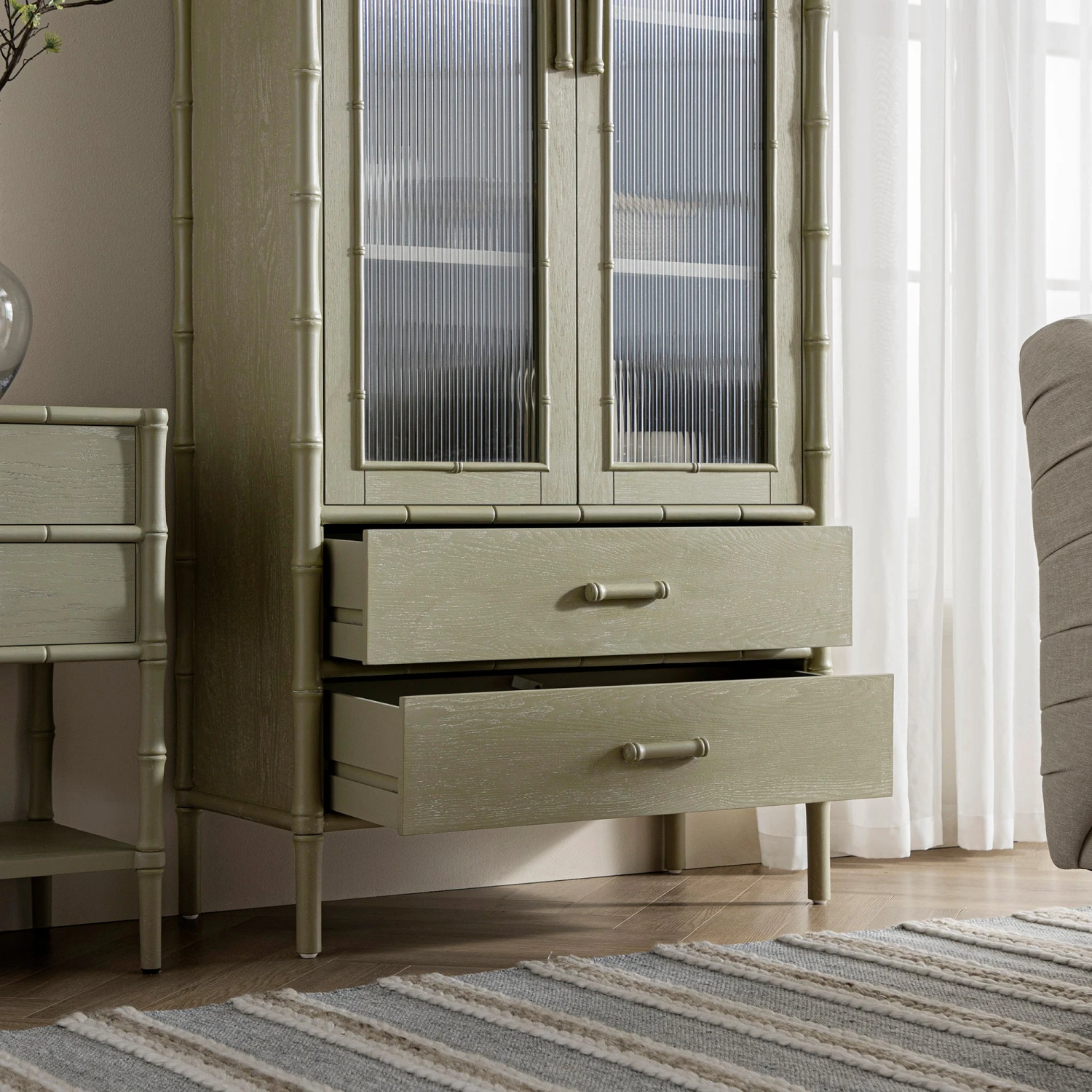 Elstowe Faux Bamboo And Fluted Glass 2-Door Cabinet, Sage Green 6 Elstowe Faux Bamboo And Fluted Glass 2-Door Cabinet, Sage Green - Image 6