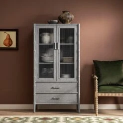 Elstowe Faux Bamboo And Fluted Glass 2-Door Cabinet, Warm Grey