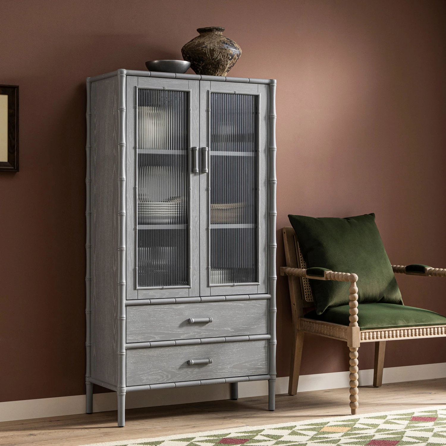 Elstowe Faux Bamboo And Fluted Glass 2-Door Cabinet, Warm Grey 2 Elstowe Faux Bamboo And Fluted Glass 2-Door Cabinet, Warm Grey - Image 2