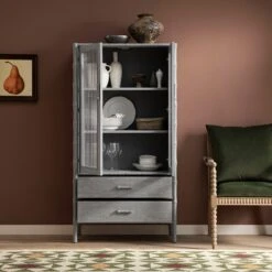 Elstowe Faux Bamboo And Fluted Glass 2-Door Cabinet, Warm Grey 20 Elstowe Faux Bamboo And Fluted Glass 2-Door Cabinet, Warm Grey -Daals Store XXCAB 069 GREY scene2