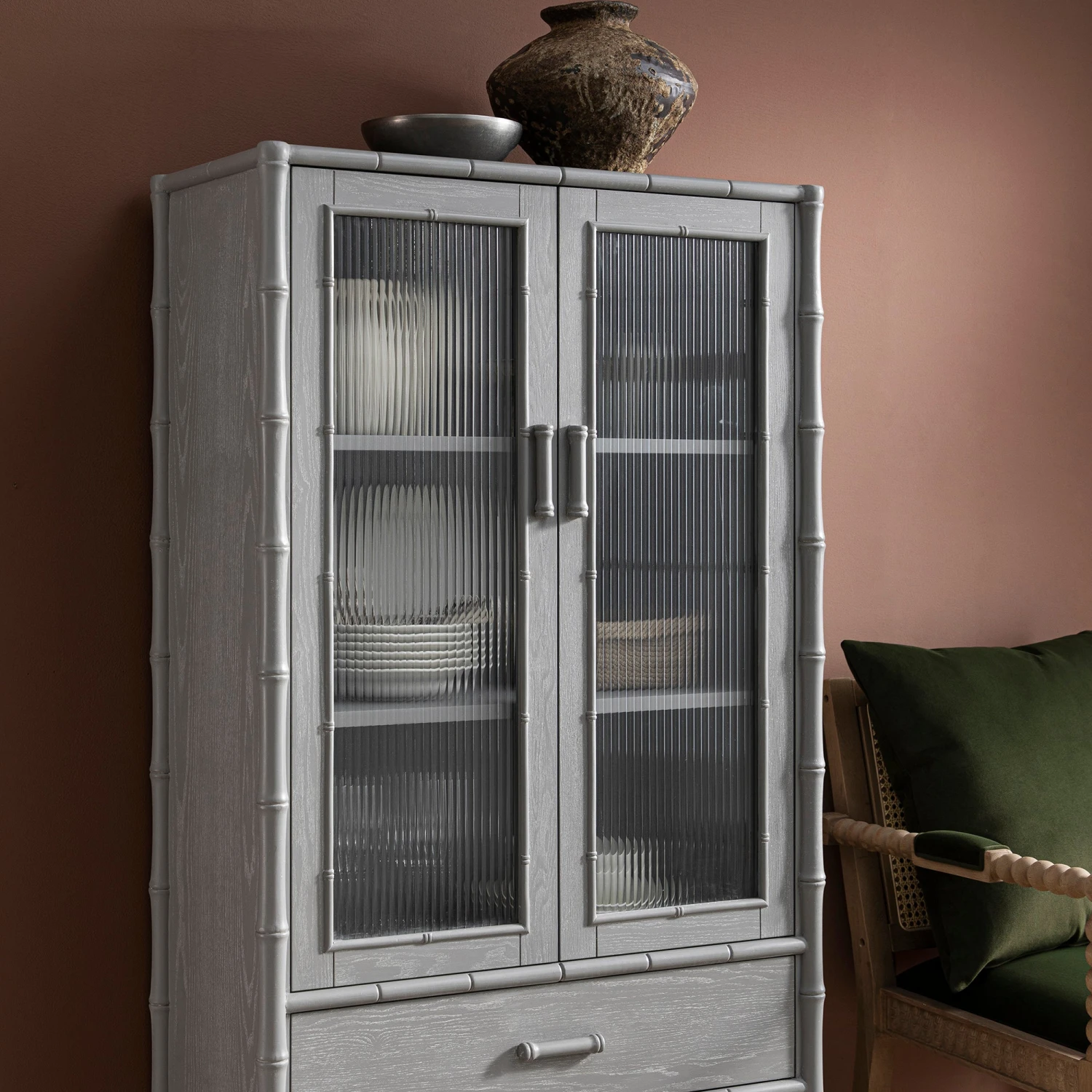 Elstowe Faux Bamboo And Fluted Glass 2-Door Cabinet, Warm Grey 4 Elstowe Faux Bamboo And Fluted Glass 2-Door Cabinet, Warm Grey - Image 4
