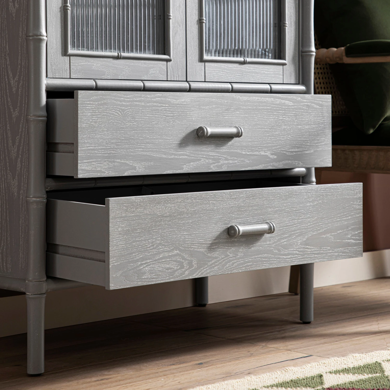 Elstowe Faux Bamboo And Fluted Glass 2-Door Cabinet, Warm Grey 7 Elstowe Faux Bamboo And Fluted Glass 2-Door Cabinet, Warm Grey - Image 7