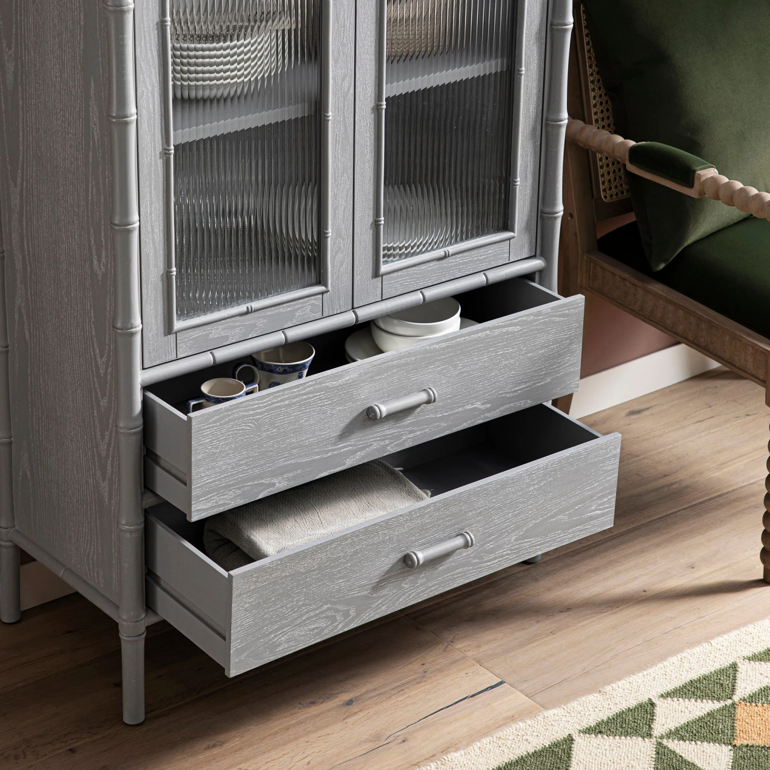 Elstowe Faux Bamboo And Fluted Glass 2-Door Cabinet, Warm Grey 8 Elstowe Faux Bamboo And Fluted Glass 2-Door Cabinet, Warm Grey - Image 8