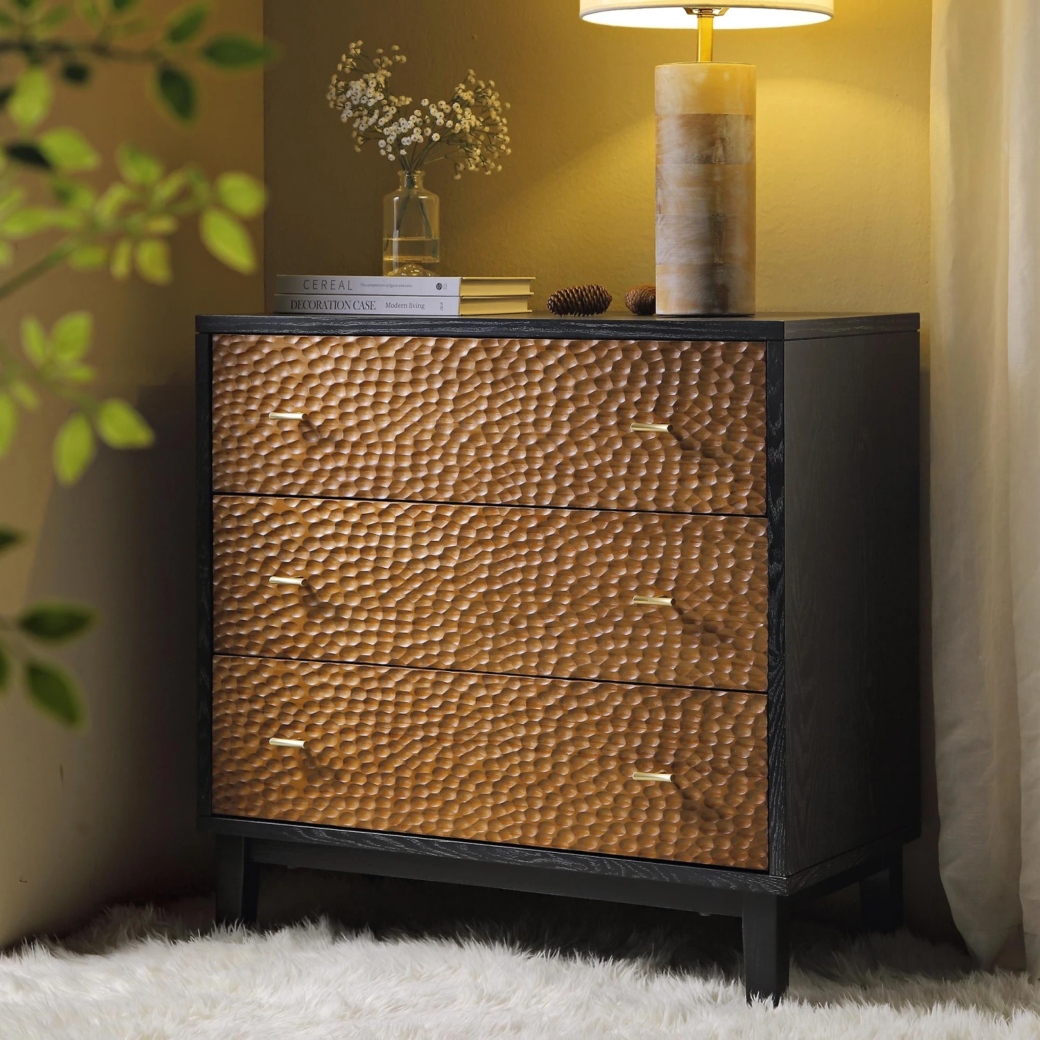 Bianca Chip Carved 3 Drawer Chest, Antique Bronze & Black 1 Bianca Chip Carved 3 Drawer Chest, Antique Bronze & Black