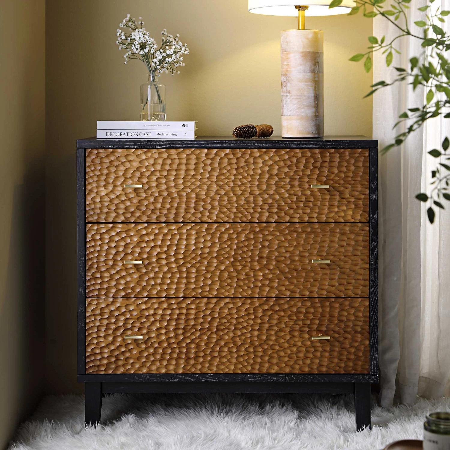 Bianca Chip Carved 3 Drawer Chest, Antique Bronze & Black 2 Bianca Chip Carved 3 Drawer Chest, Antique Bronze & Black - Image 2