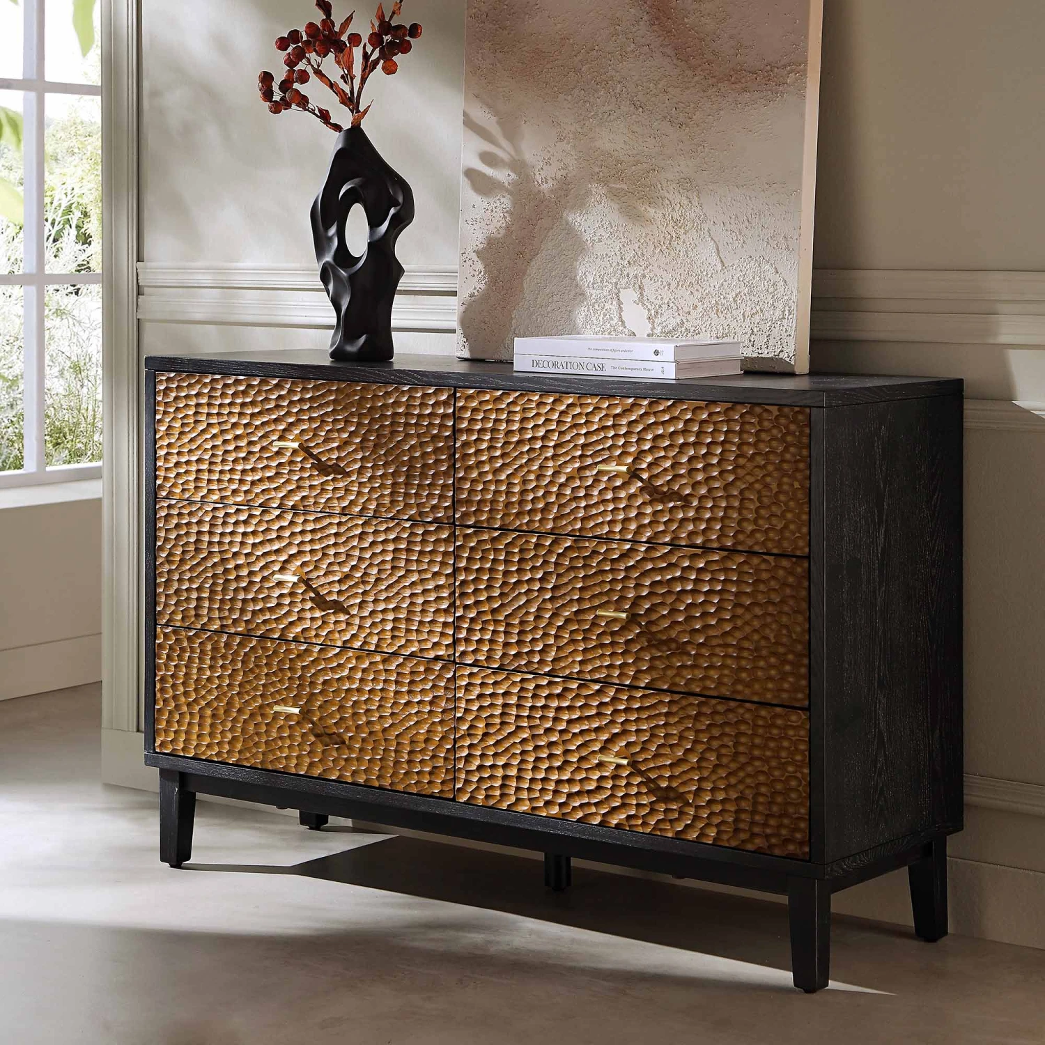 Bianca Chip Carved 6 Drawer Chest, Antique Bronze & Black 1 Bianca Chip Carved 6 Drawer Chest, Antique Bronze & Black