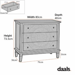Chantilly Whitewashed Carved 3 Drawer Chest -Daals Store XXCOD 012 CHART 1
