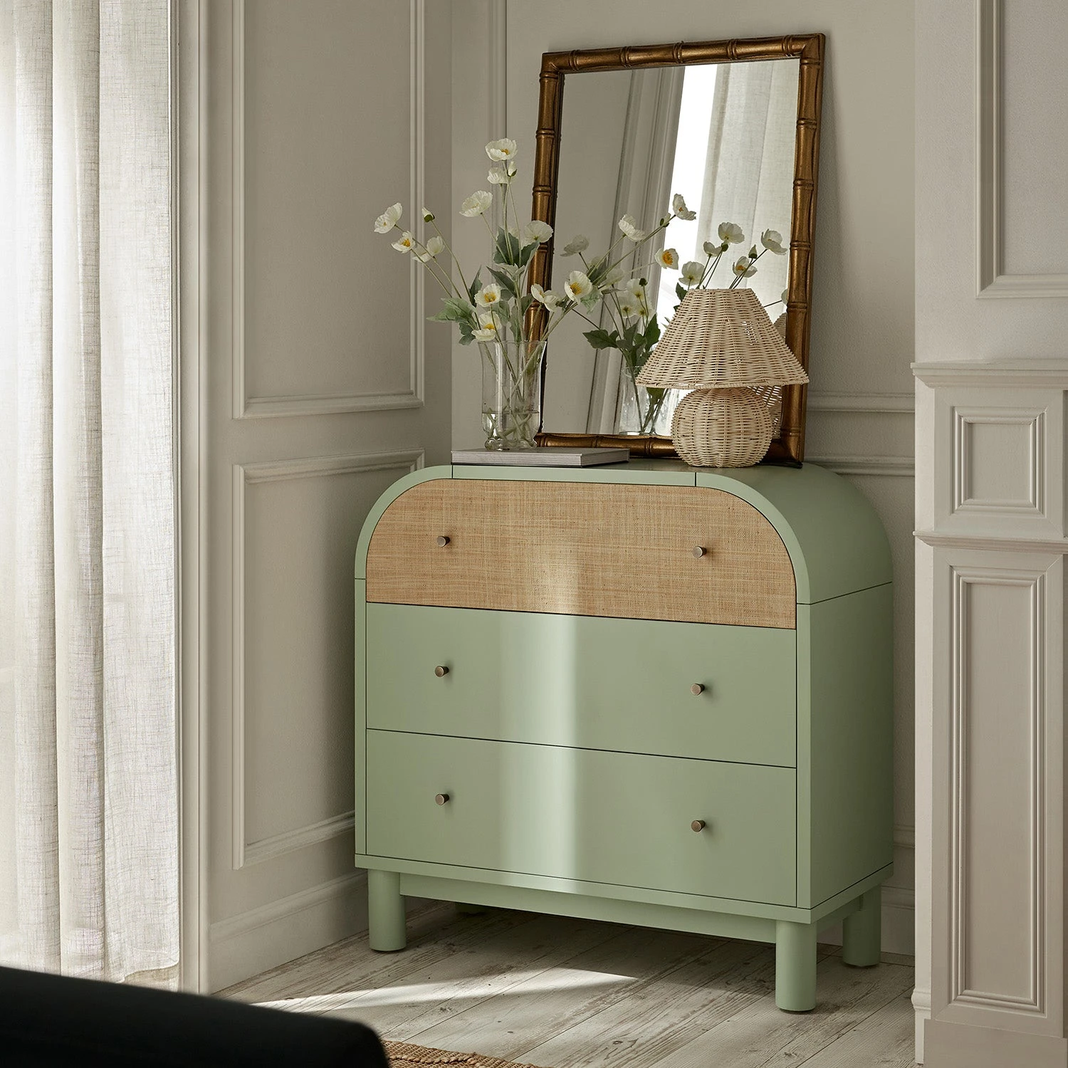 Maude Chest Of 3 Drawers, Muted Pistachio Ash With Raffia 1 Maude Chest Of 3 Drawers, Muted Pistachio Ash With Raffia