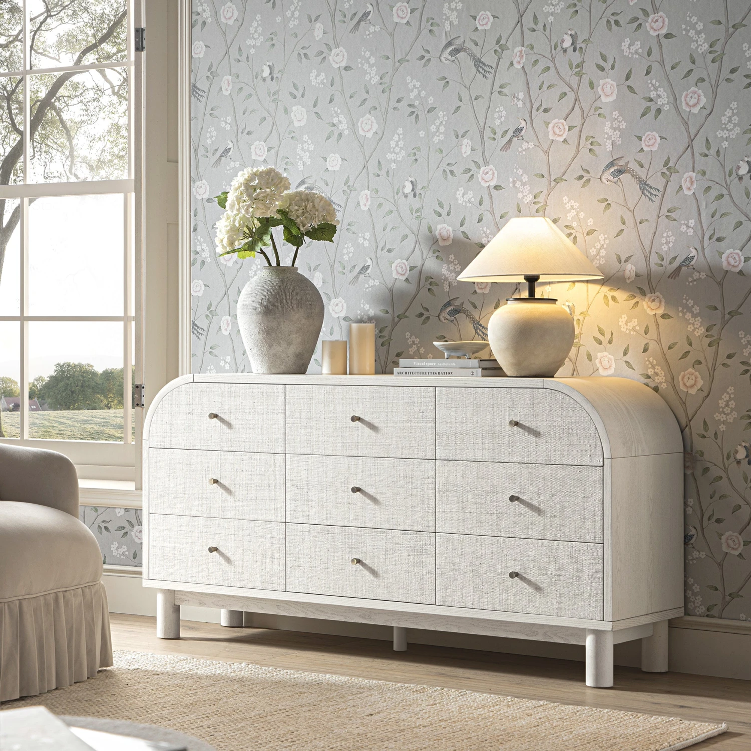 Maude 9 Drawer Chest, Washed White Ash With Raffia 1 Maude 9 Drawer Chest, Washed White Ash With Raffia