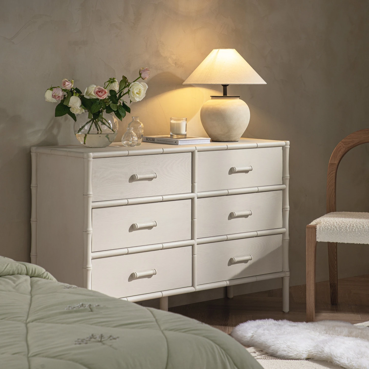 Elstowe Faux Bamboo 6-Drawer Chest, Shaded White 2 Elstowe Faux Bamboo 6-Drawer Chest, Shaded White - Image 2