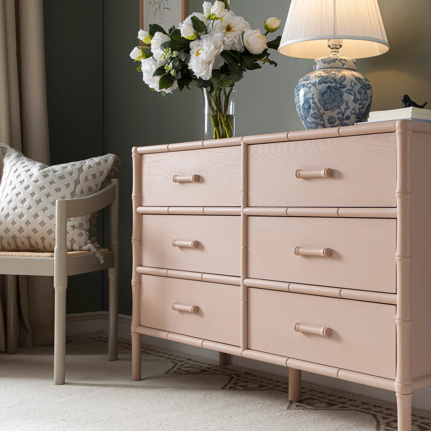 Elstowe Faux Bamboo 6-Drawer Chest, Nude Pink 3 Elstowe Faux Bamboo 6-Drawer Chest, Nude Pink - Image 3