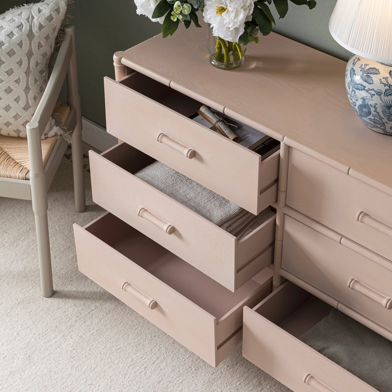 Elstowe Faux Bamboo 6-Drawer Chest, Nude Pink 5 Elstowe Faux Bamboo 6-Drawer Chest, Nude Pink - Image 5