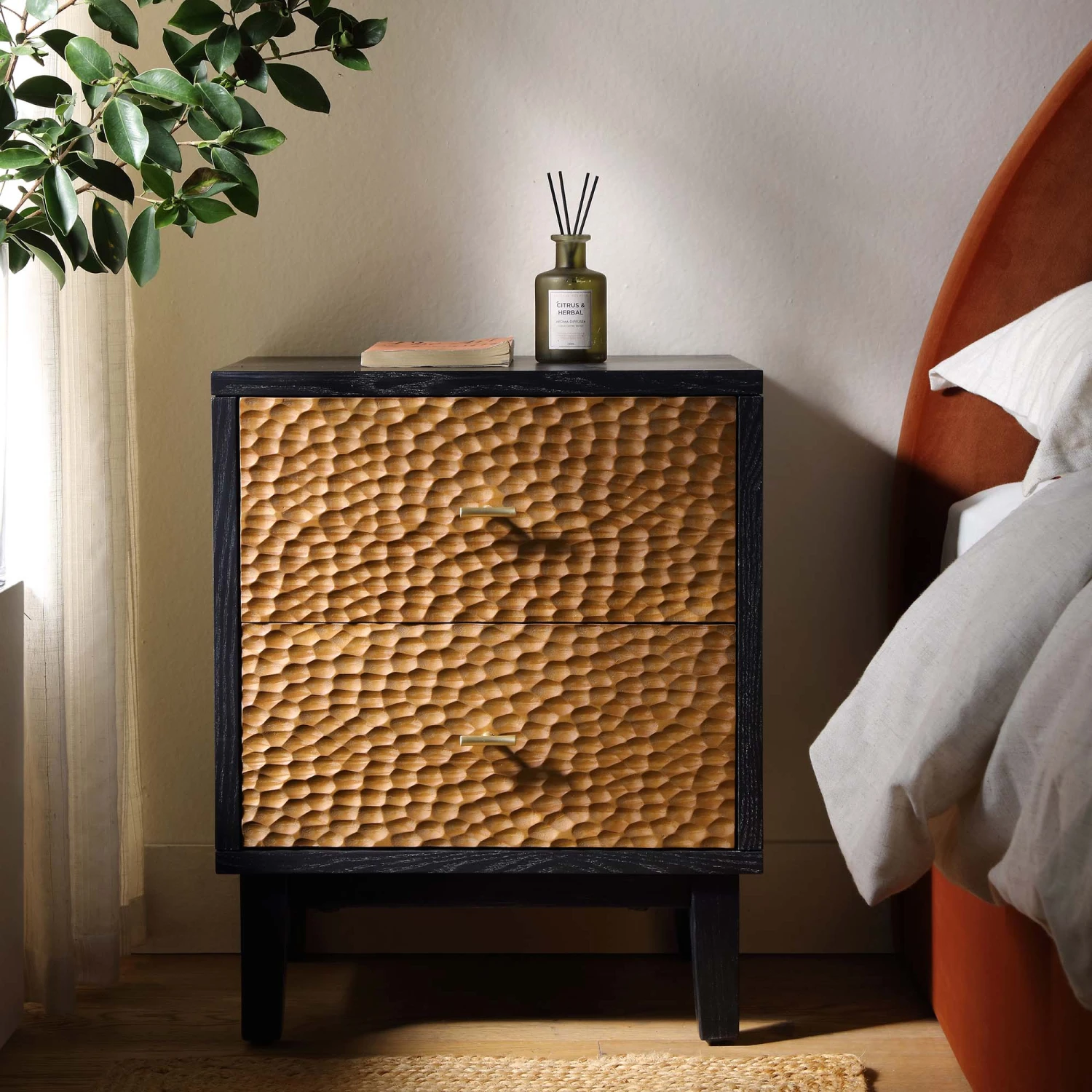 Bianca Chip Carved Bedside Table, Antique Bronze & Black 1 Bianca Chip Carved Bedside Table, Antique Bronze & Black