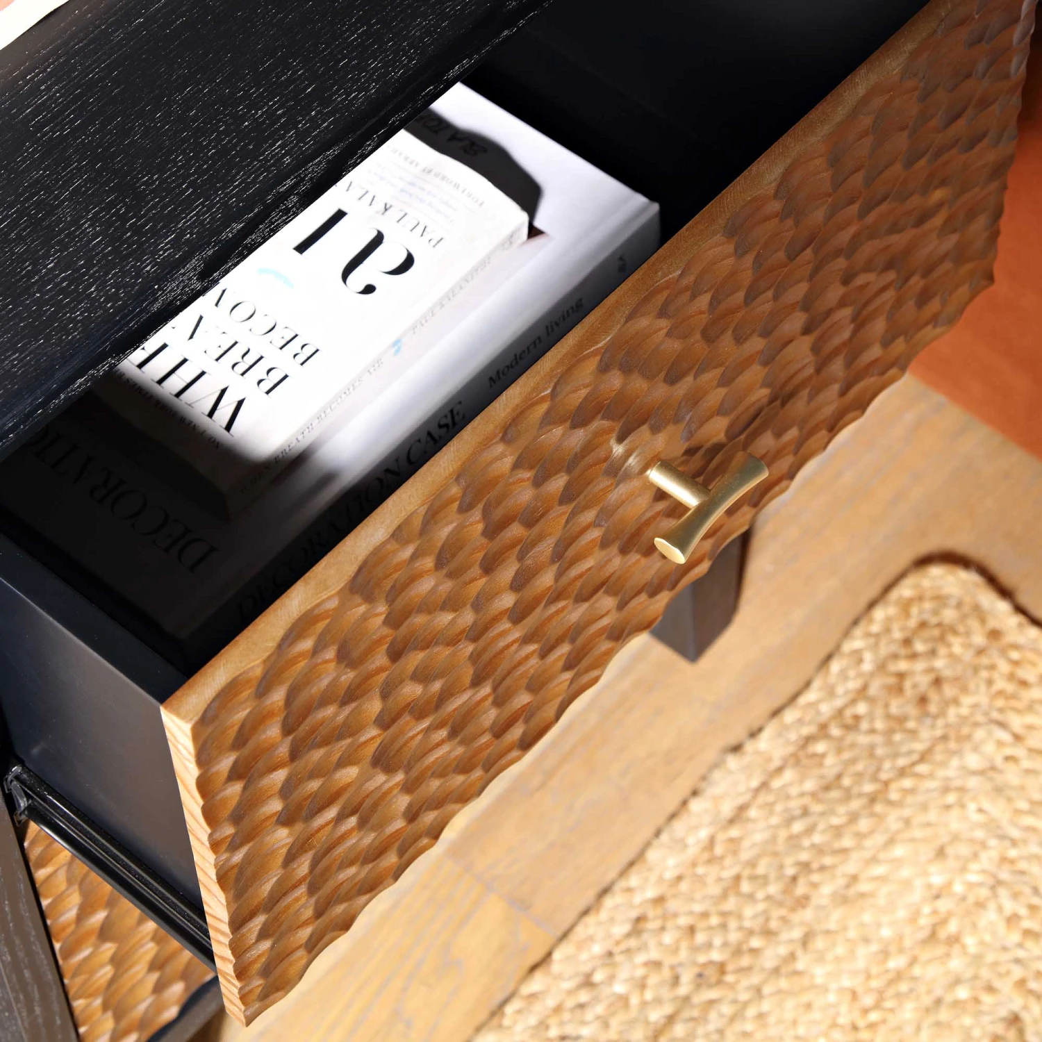 Bianca Chip Carved Bedside Table, Antique Bronze & Black 3 Bianca Chip Carved Bedside Table, Antique Bronze & Black - Image 3