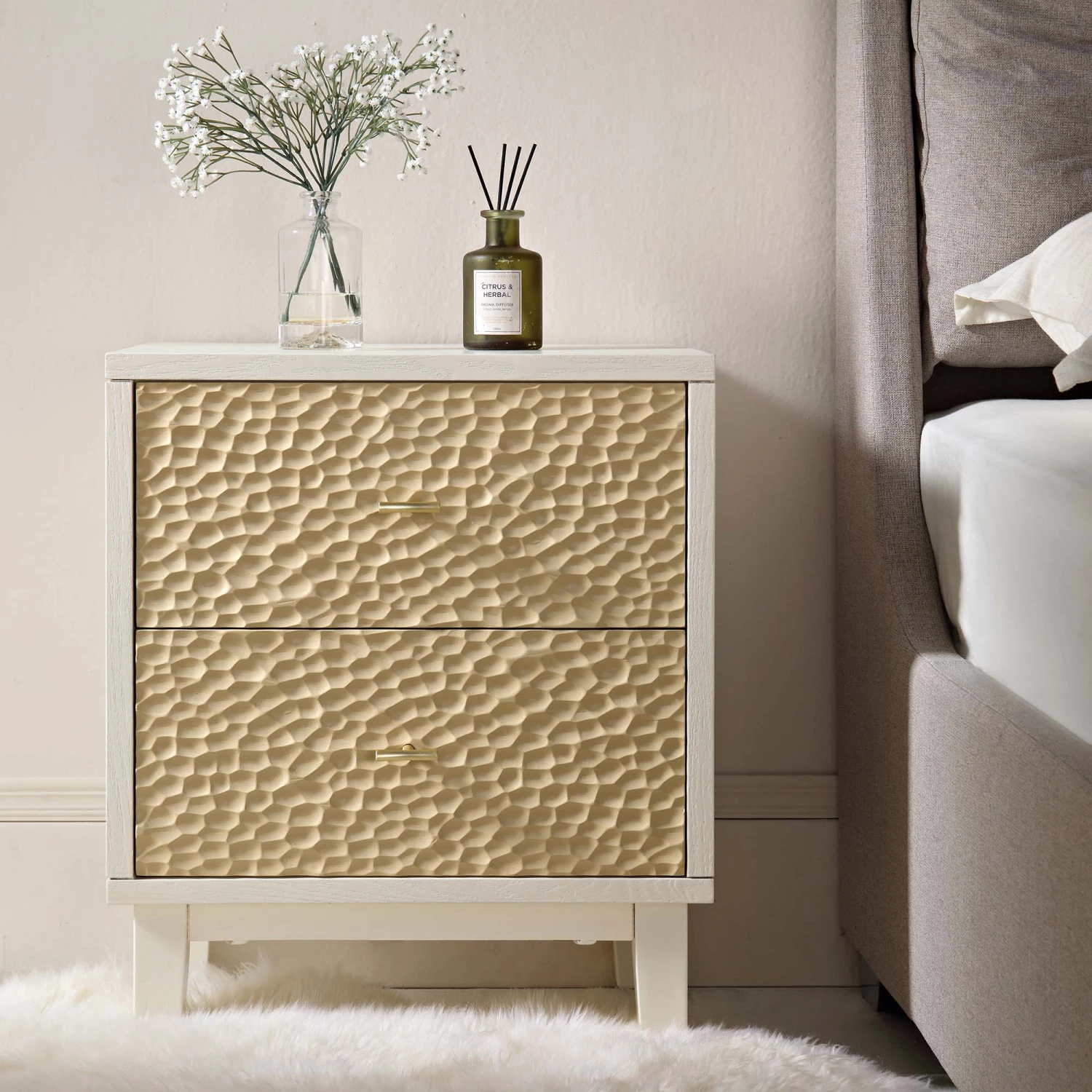 Bianca Chip Carved Bedside Table, Sand Beige & Ivory 1 Bianca Chip Carved Bedside Table, Sand Beige & Ivory