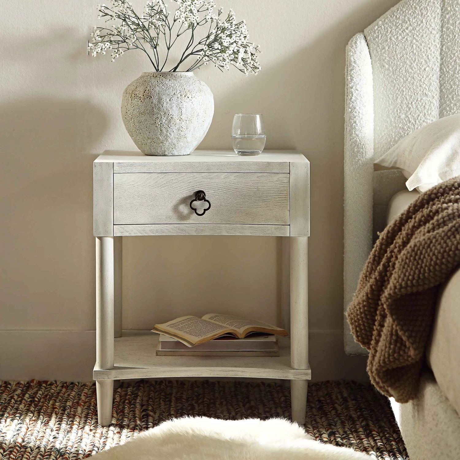 Thalia Concave 1 Drawer Bedside Table, Washed White 2 Thalia Concave 1 Drawer Bedside Table, Washed White - Image 2