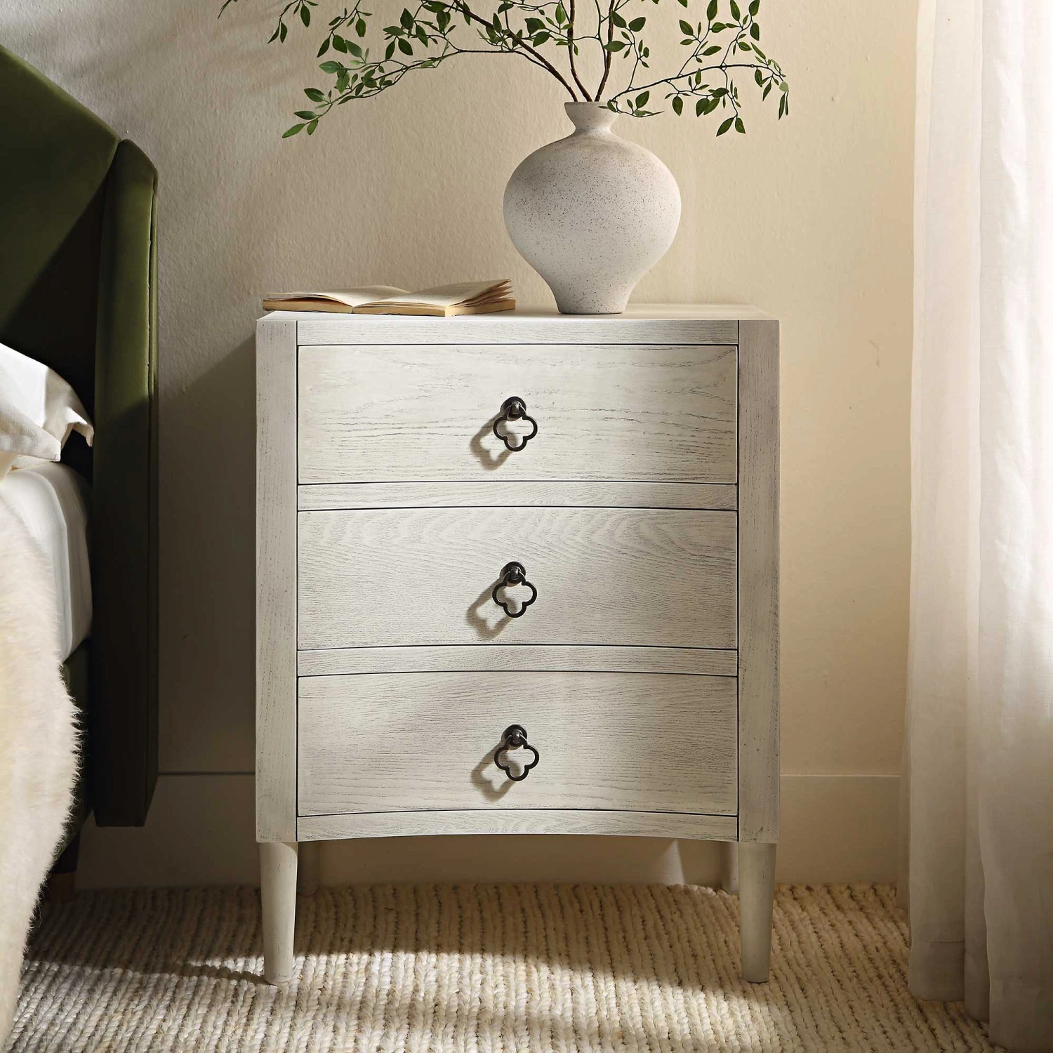 Thalia Concave 3 Drawer Bedside Table, Washed White 2 Thalia Concave 3 Drawer Bedside Table, Washed White - Image 2