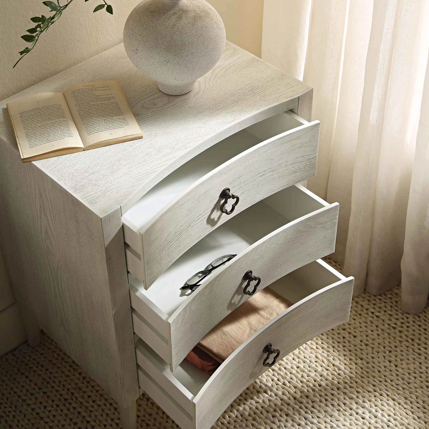 Thalia Concave 3 Drawer Bedside Table, Washed White 3 Thalia Concave 3 Drawer Bedside Table, Washed White - Image 3