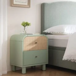 Maude 2 Drawer Bedside Table, Muted Pistachio Ash With Raffia