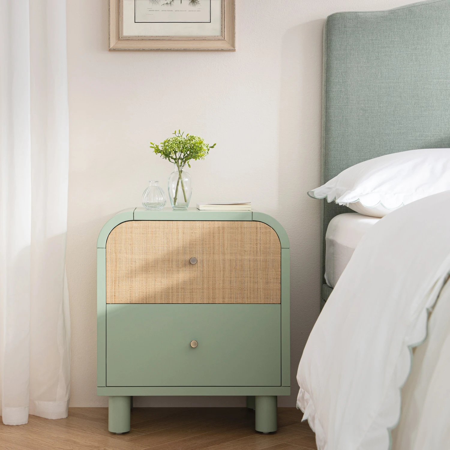 Maude 2 Drawer Bedside Table, Muted Pistachio Ash With Raffia 2 Maude 2 Drawer Bedside Table, Muted Pistachio Ash With Raffia - Image 2