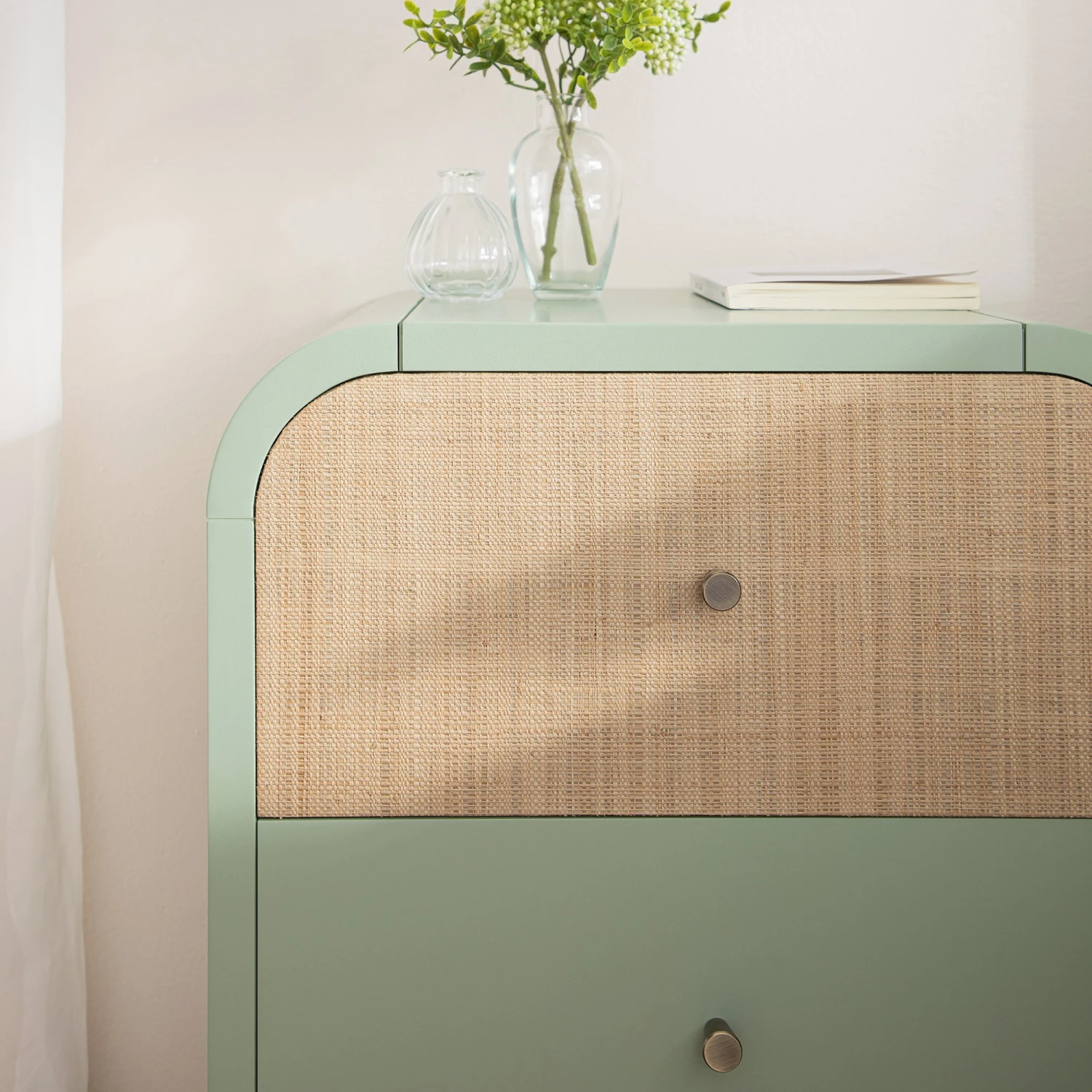 Maude 2 Drawer Bedside Table, Muted Pistachio Ash With Raffia 3 Maude 2 Drawer Bedside Table, Muted Pistachio Ash With Raffia - Image 3