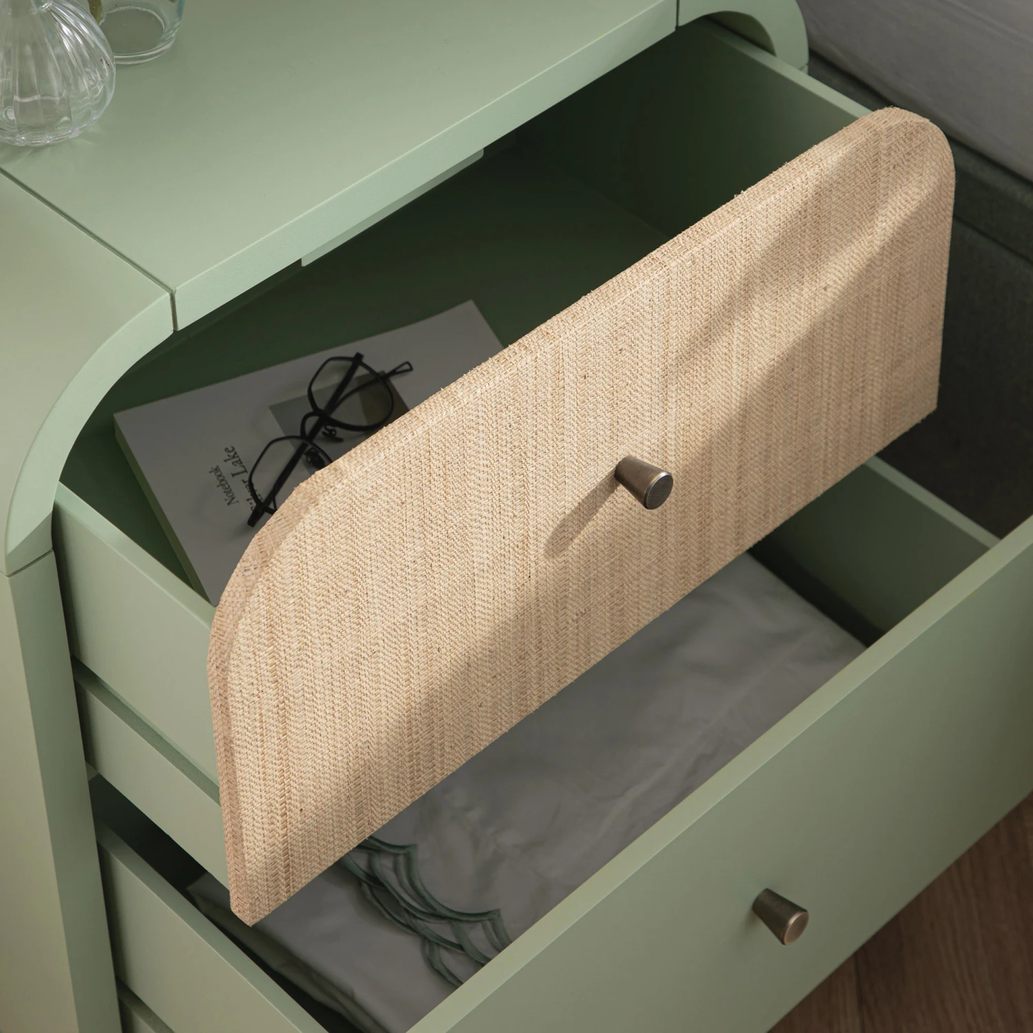 Maude 2 Drawer Bedside Table, Muted Pistachio Ash With Raffia 4 Maude 2 Drawer Bedside Table, Muted Pistachio Ash With Raffia - Image 4