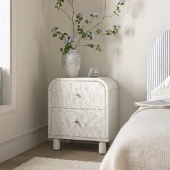 Maude 2 Drawer Bedside Table, Washed White Ash With Raffia