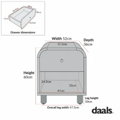 Maude 1 Drawer Bedside Table, Washed White Ash With Raffia -Daals Store XXNS 031 CHART