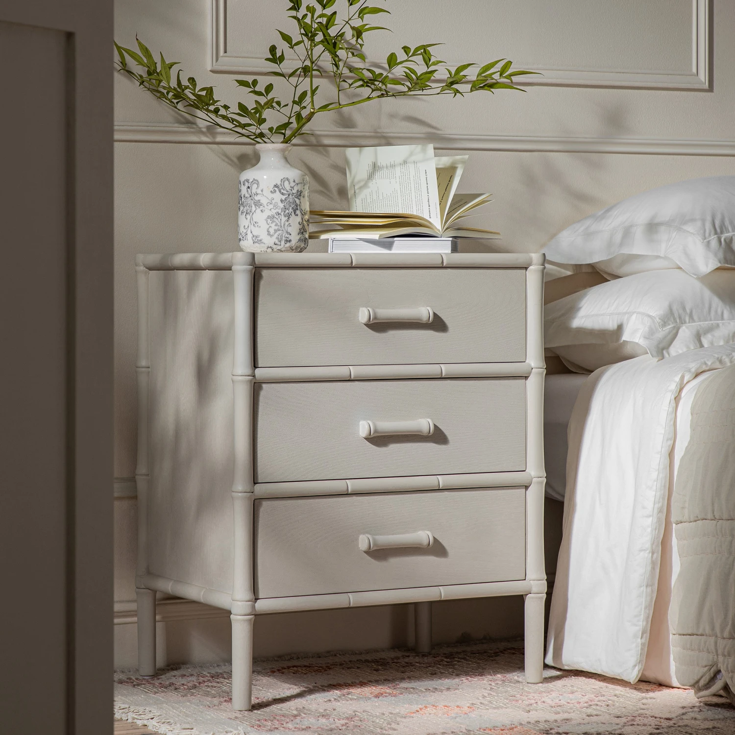 Elstowe Faux Bamboo 3-Drawer Bedside Table, Shaded White 2 Elstowe Faux Bamboo 3-Drawer Bedside Table, Shaded White - Image 2