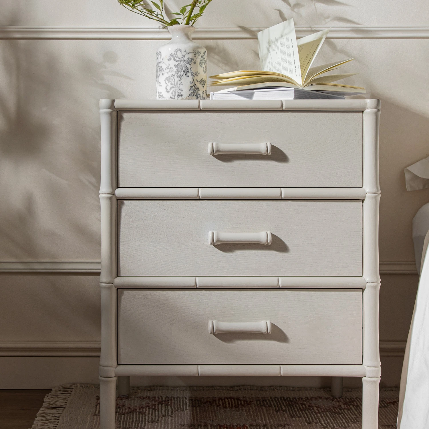 Elstowe Faux Bamboo 3-Drawer Bedside Table, Shaded White 3 Elstowe Faux Bamboo 3-Drawer Bedside Table, Shaded White - Image 3