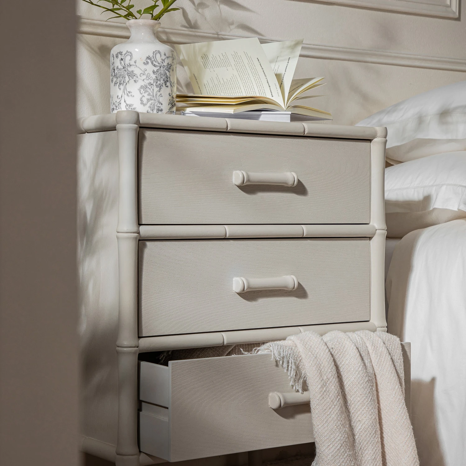 Elstowe Faux Bamboo 3-Drawer Bedside Table, Shaded White 4 Elstowe Faux Bamboo 3-Drawer Bedside Table, Shaded White - Image 4