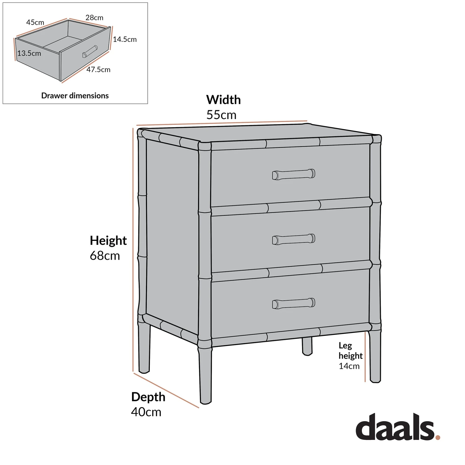 Elstowe Faux Bamboo 3-Drawer Bedside Table, Shaded White 9 Elstowe Faux Bamboo 3-Drawer Bedside Table, Shaded White - Image 9
