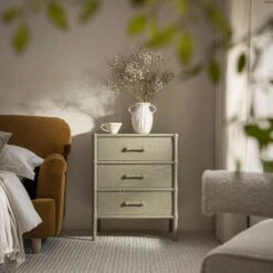 Elstowe Faux Bamboo 3-Drawer Bedside Table, Sage Green