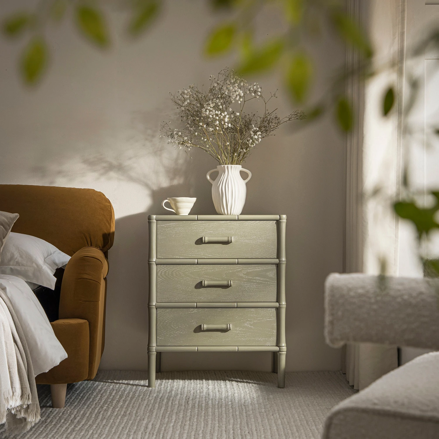 Elstowe Faux Bamboo 3-Drawer Bedside Table, Sage Green 1 Elstowe Faux Bamboo 3-Drawer Bedside Table, Sage Green