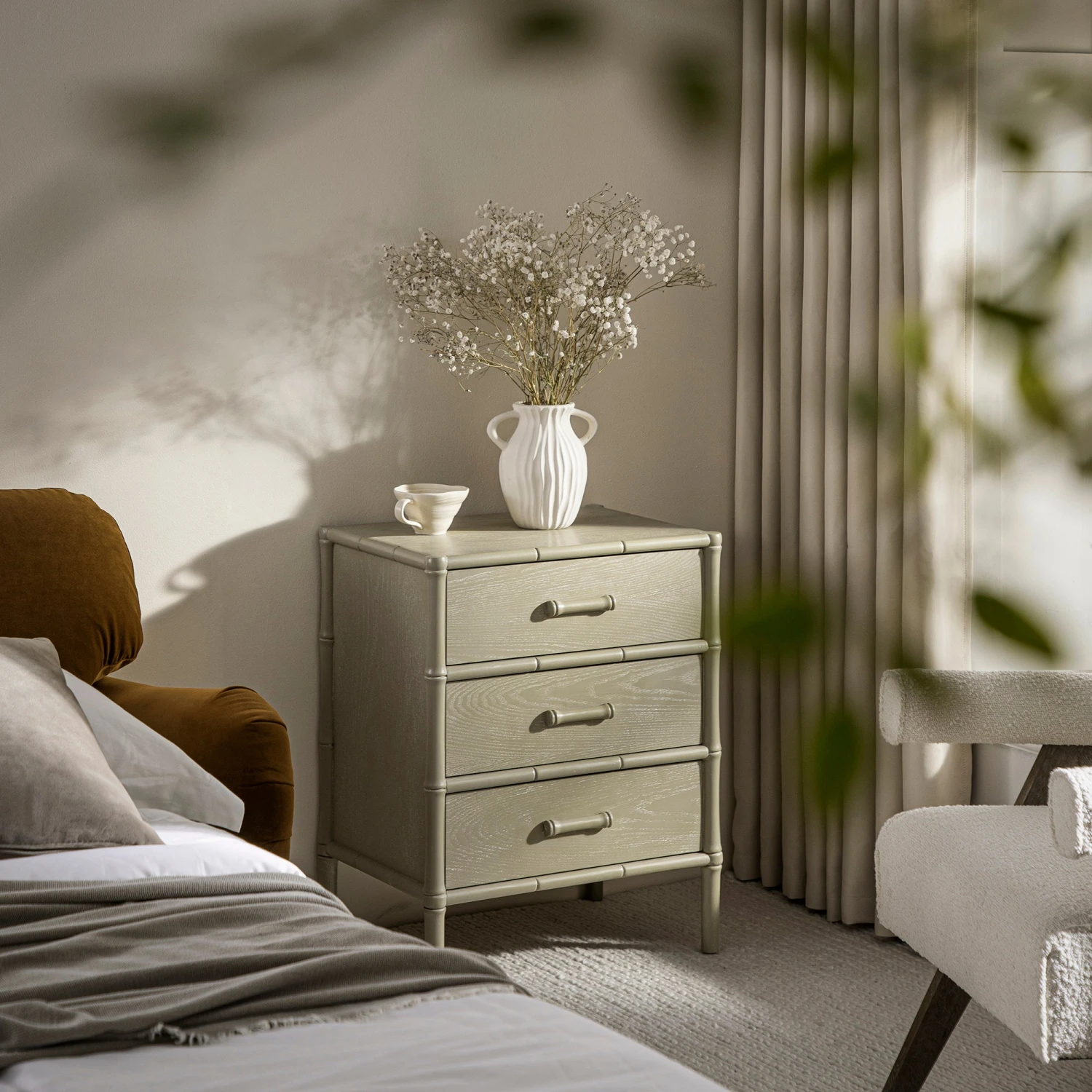 Elstowe Faux Bamboo 3-Drawer Bedside Table, Sage Green 2 Elstowe Faux Bamboo 3-Drawer Bedside Table, Sage Green - Image 2